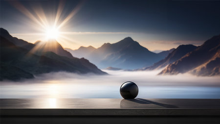 3d render of black sphere on table with mountains and sun in background. Product podium,の素材