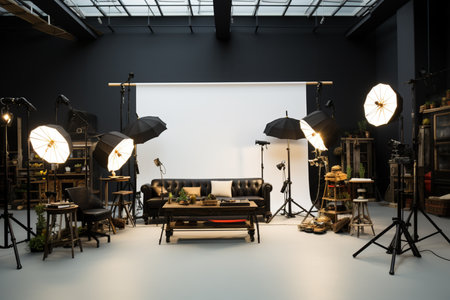 Interior of modern photo studio with equipment and lighting. 3d renderの素材