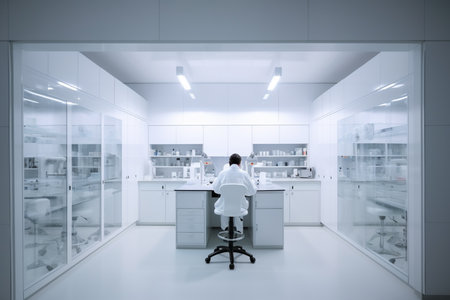 Rear view of a male researcher sitting in a modern laboratory.の素材