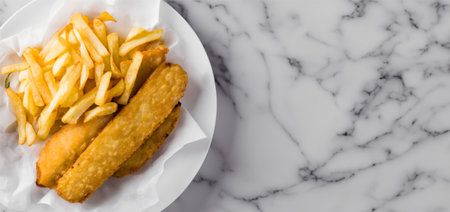 Fried fish and chips on a white plate on a marble backgroundの素材