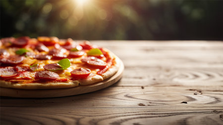 Pepperoni pizza on a wooden table in the garden. Food backgroundの素材
