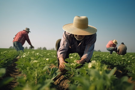 Farmer working on potato field in the morning. Concept of agriculture.の素材