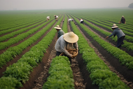 Vietnamese farmers working in the vegetable garden in the morning.の素材
