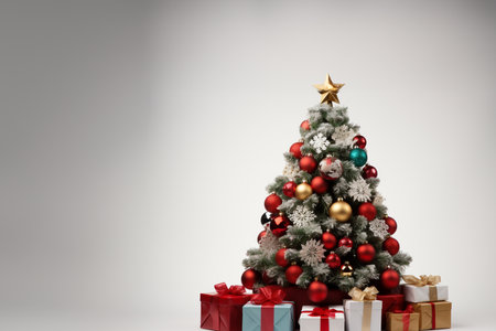 Christmas tree with gifts and decorations on white background, 3d renderの素材