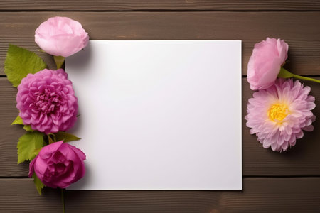 pink flowers and blank paper on brown wooden background, top viewの素材