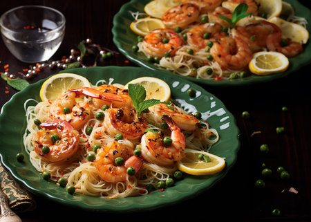 Shrimp pasta with green peas and lemon on a dark background.の素材