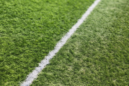 Close-up image of a soccer field with a white stripe.の素材