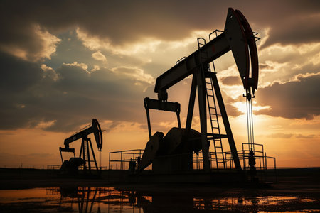 Oil pump on the sunset background. Oil industry. 3d renderの素材