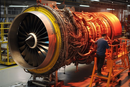Turbine of a jet engine in a commercial aircraft hangar.の素材
