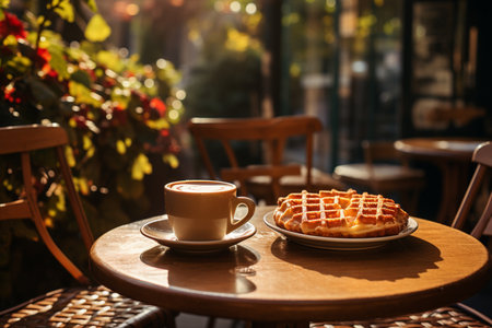 Coffee cup and waffle on wooden table in cafe.の素材