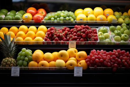Fruits and vegetables on the shelves of a grocery store. Selective focus.の素材