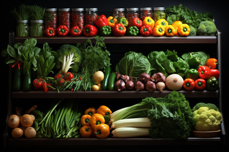 Composition with variety of raw vegetables on wooden shelf in dark roomの素材