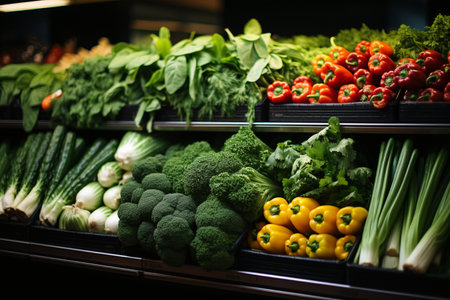 Variety of fresh vegetables on the counter of a grocery store.の素材