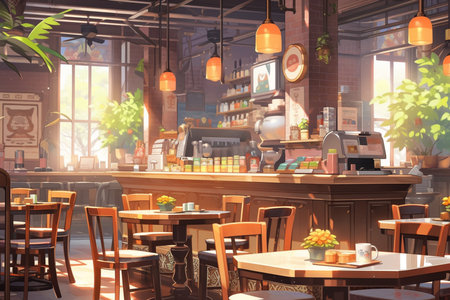 Coffee shop interior. 3D rendering. Vintage style. illustration conceptの素材