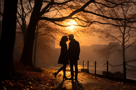 Silhouette of a loving couple walking in the park at sunsetの素材