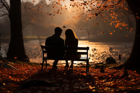 Couple sitting on a bench in the autumn park at sunset. Romantic date.の素材