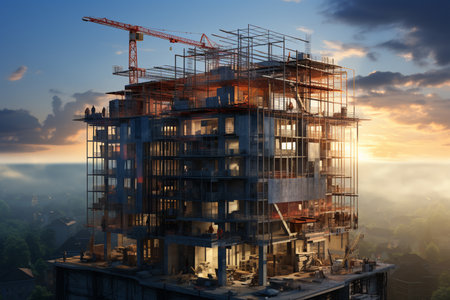 3d render of a building under construction with crane on sunset backgroundの素材