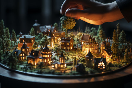 Miniature city. Model of a city on the background of the night city.の素材