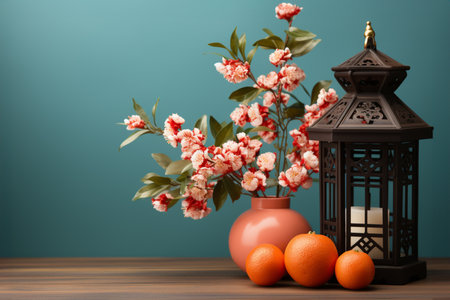 Lantern, oranges and flowers on wooden table against turquoise backgroundの素材