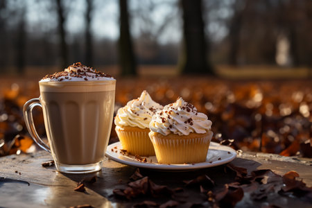 A cup of coffee and a muffin with blurred park backgroundの素材
