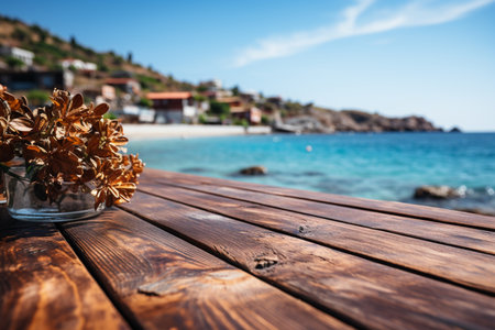 wooden platform or podium with beach background, product placementの素材