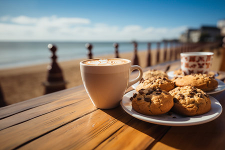 A cup of coffee and a muffin with blurred beack backgroundの素材