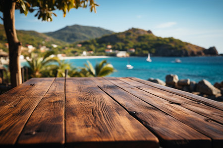 wooden platform or podium with beach background, product placementの素材