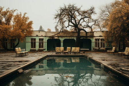 Abandoned outdoor pool with gloomy surroundingsの素材