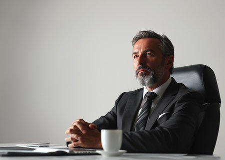 portrait of a CEO at desk thinking about his company,の素材