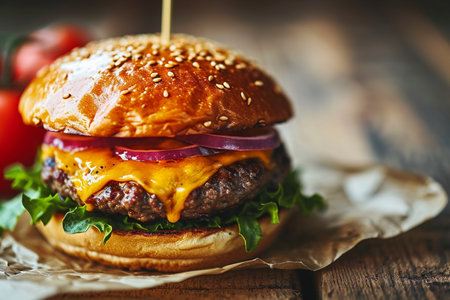 Food photography of a cheeseburger with copy spaceの素材