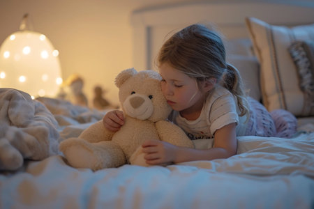 Young girl holding a teddy bear at her bedroomの素材