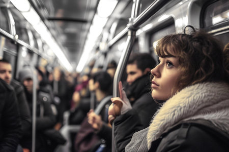 Young woman in a subway car. Portrait of a girl in a subway car.の素材