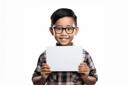 happy asian little boy in eyeglasses holding blank paper isolated on whiteの素材