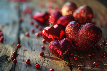Valentines day concept decoration with heart shaped cookies, roses and glittersの素材