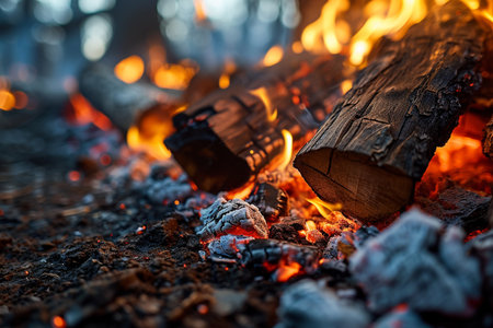 Close-up of a burning firewood in a campfire at nightの素材