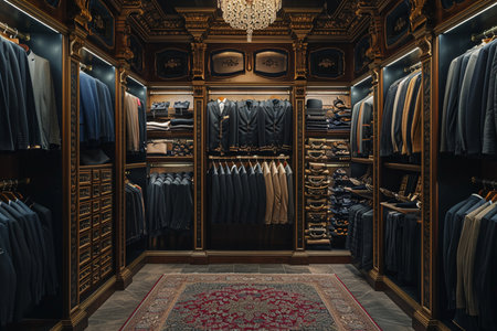 Interior design of a luxury wardrobe with suits and shoesの素材