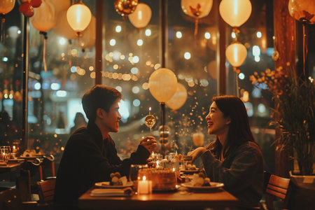 couple enjoying their dinner in a deluxe restaurantの素材