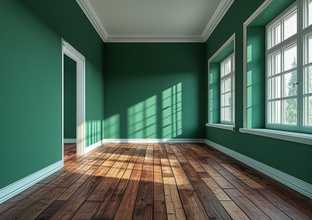empty master bedroom with dark green wallの素材