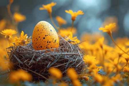 Easter egg in a nest with yellow flowers. Selective focus.の素材