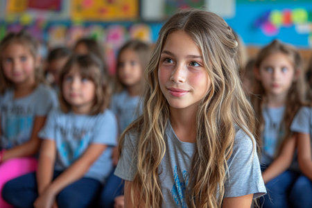 a girl smiling while looking at the camera with a blurred class backgroundの素材