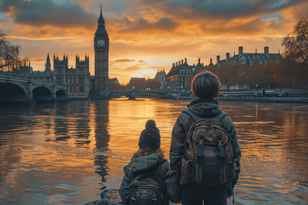 family tourist walking at the centre of London city with a clock tower as backgroundの素材