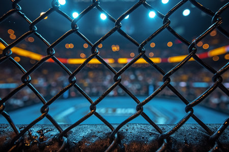 Distant clean front view of an audience of MMA seen from the inside of a MMA cage.の素材