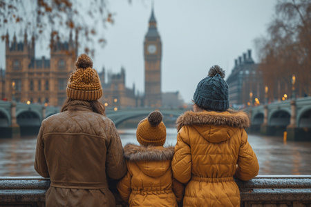 family tourist walking at the centre of London city with a clock tower as backgroundの素材