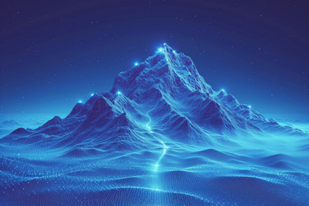 top mountain with a path of lights straight to its peakの素材