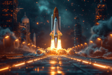 a modern rocket blast into the sky, startup conceptの素材