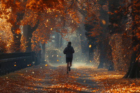 A man running in the park aloneの素材