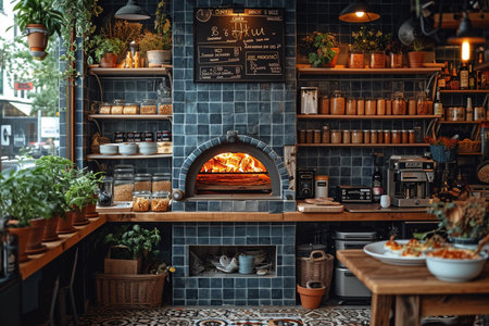 Empty coffee shop interior daytime with wooden design counter writing blackboard background.の素材