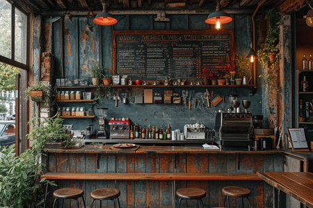 Empty coffee shop interior daytime with wooden design counter writing blackboard background.の素材
