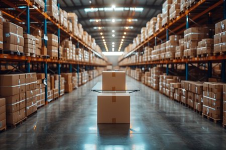 Warehouse industrial and logistics companies. Commercial warehouse. Huge distribution warehouse with high shelves.の素材