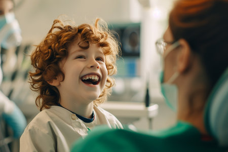 Little girl sitting in dental chair with open mouth and smiling while visiting dentistの素材